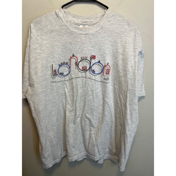 90's Vintage Hanes London England Grey Graphic Tee Casual Retro Tourist Style XL - Picture 5 of 8